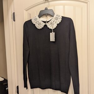 Elegant Black Sweater with Lace Collar